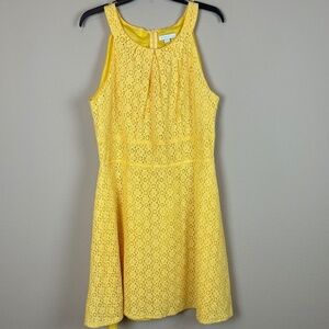 New York & Company Yellow Fit and Flare Lace Sleeveless Lined Dress; Size 14